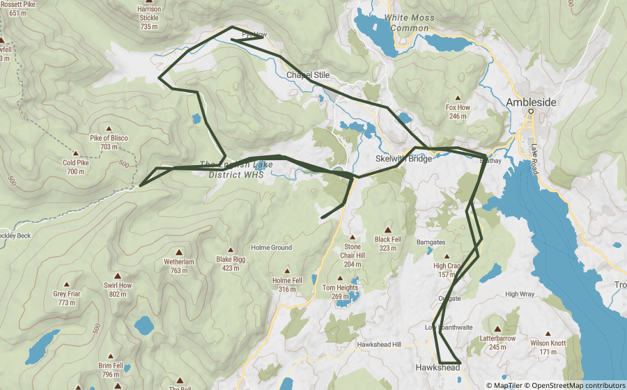Map preview of the Tilberthwaite & Wrynose Pass Loop