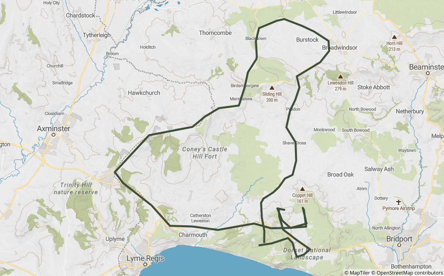 Map preview of the Beaminster & Broadwindsor Lanes Loop