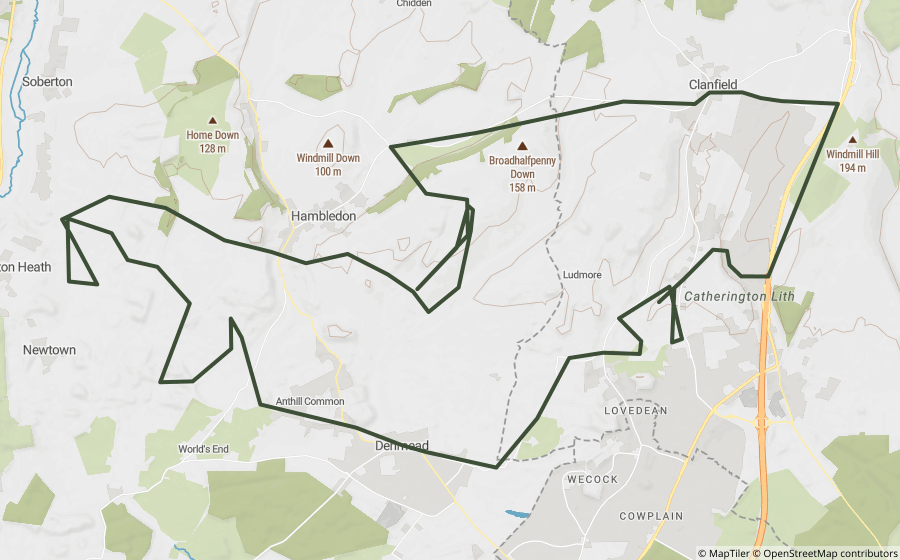 Map preview of the Denmead & Meon Valley Lanes Loop