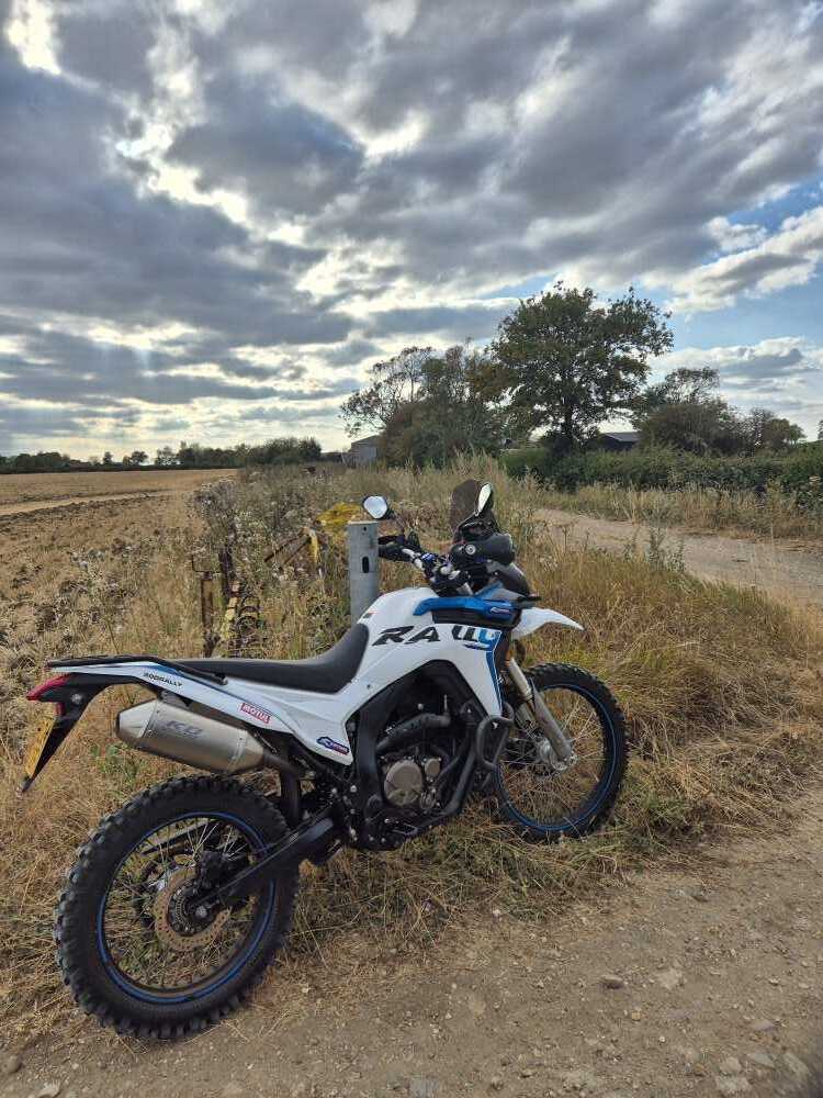 Voge 300 Rally parked on Cross End Lane, a gravel byway in Bedfordshire