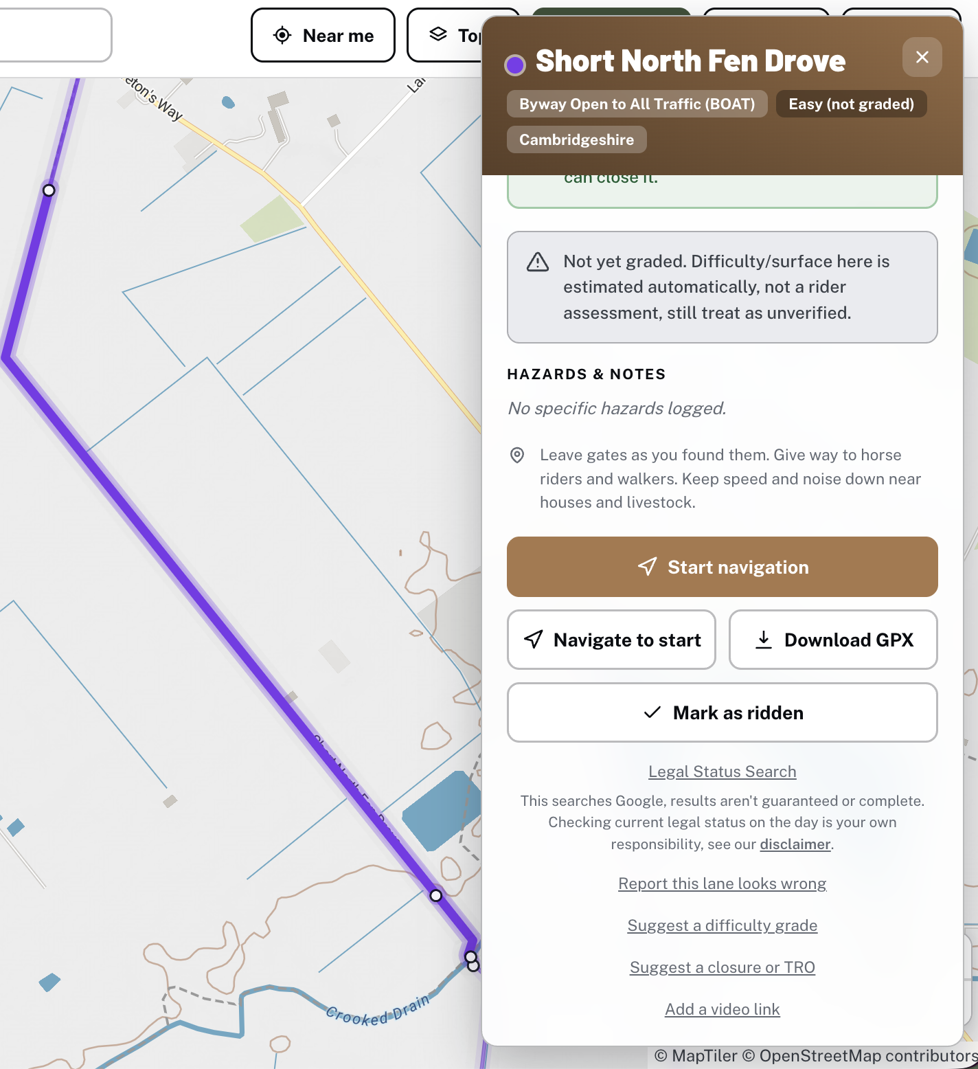 A lane card on the Holloway map with its Legal Status Search button