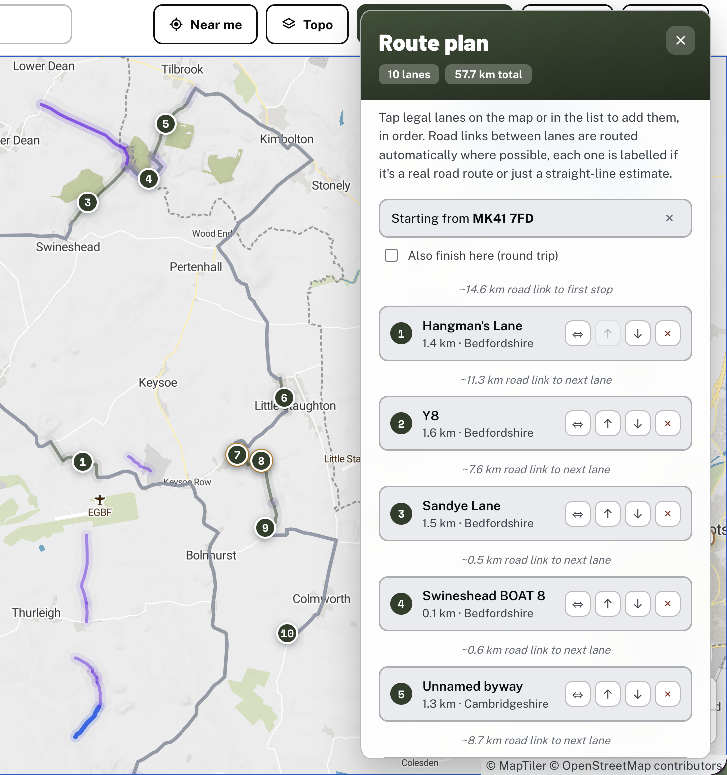 A route planned across several green lanes on the Holloway map