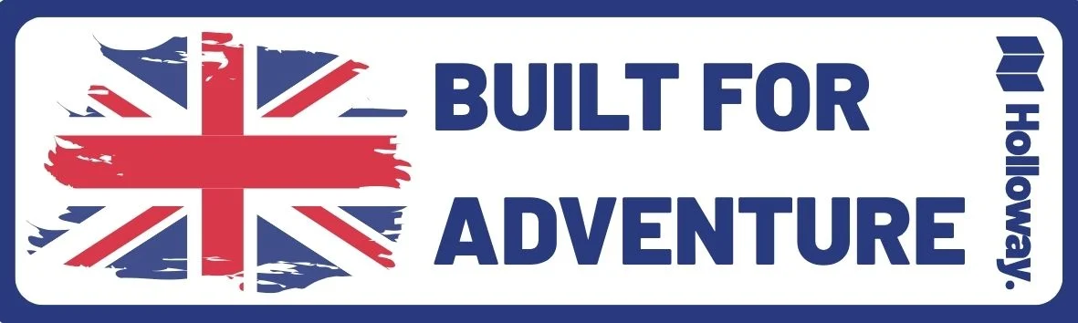 Union Jack motorcycle sticker with a brushed flag and Built for Adventure in navy, with the Holloway name